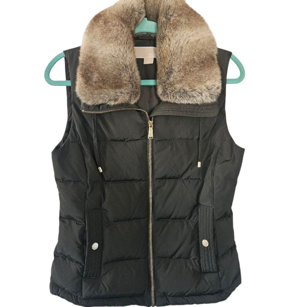 Michael Kors Black Puffer Vest with Brown Faux Fur Collar